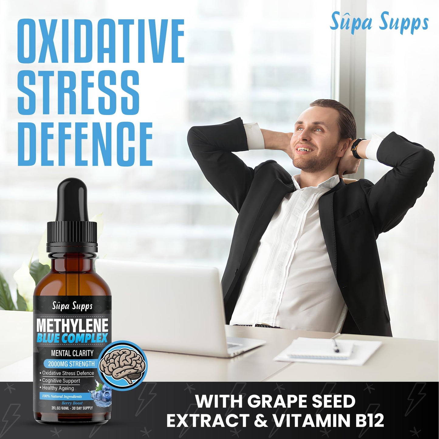 Methylene Blue Complex Liquid 60ml - Supreme Methylene Blue Drops for Daily Use - Easy to Take, High Purity Formula | Natural Support | Blueberry Flavour | Supa Supps Mental Clairty for Humans