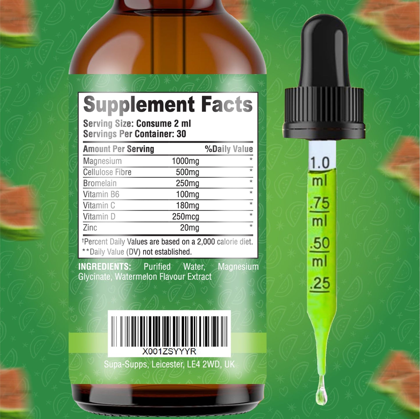 Magnesium Glycinate Liquid 1000MG – Liquid Magnesium Glycinate Drops with Trace Minerals – High Absorption, Supports Sleep, Relaxation, Nerve & Muscle Function – Watermelon Flavour Supplement 60ml