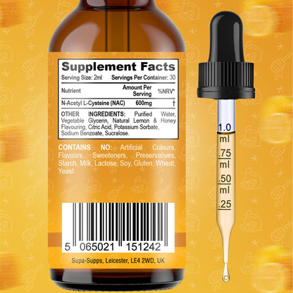 Clean NAC (N-Acetyl-Cysteine) Liquid 60ml - Honey & Lemon Flavour | Augmented NAC Supplement for Daily Support | High Absorption Formula | Easy Liquid Drops | nac n-Acetyl-cysteine 600mg Per Serving