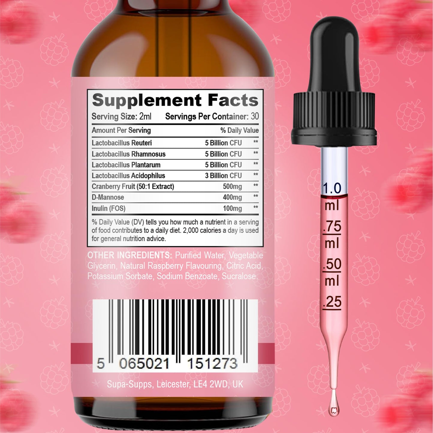 Vaginal Probiotics Liquid 60ml- Raspberry Flavour | Flora Probiotics for Women with Lactobacillus Reuteri | Intimate Support | Gut & Vaginal Flora | Female Balance- Fast Absorption BV Treatment Ladies