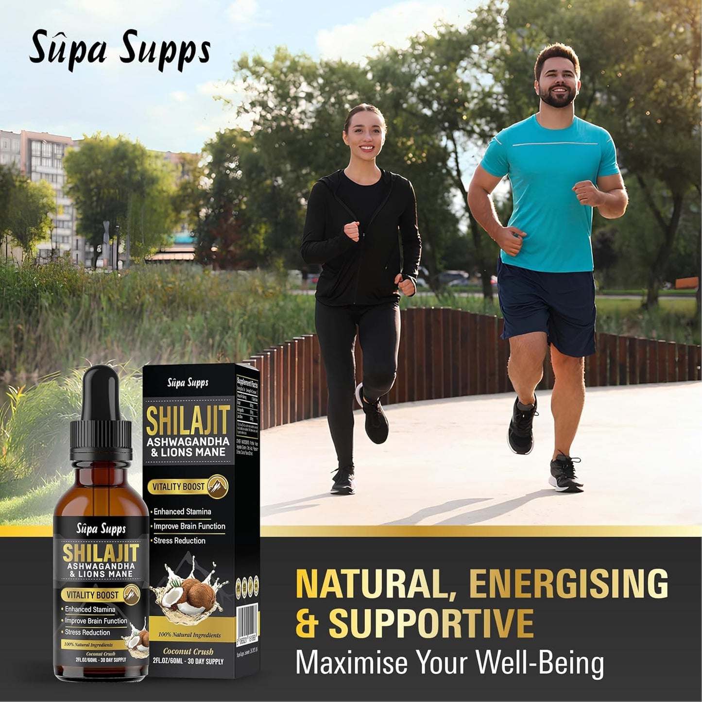 Shilajit, Ashwagandha, Lions Mane Liquid Drops - 60ml Coconut Flavour - Testosterone Booster for Energy, Focus & Vitality - Ashwagandha & Lions Mane Supplement for Men - Natural Shilajit Complex