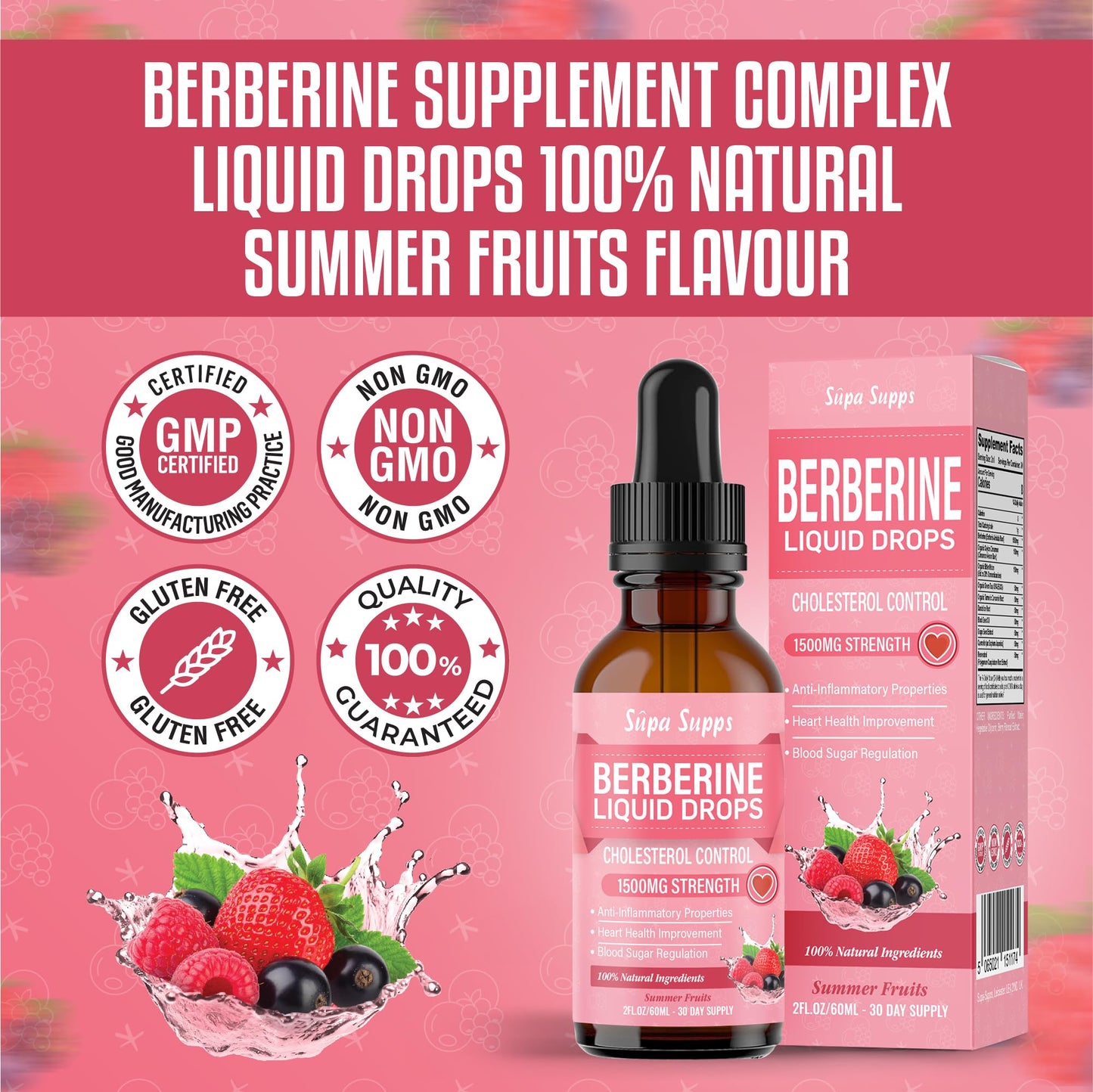 Berberine Liquid Drops - 60ml | Berberine Supplement 1500mg High Strength for Cholesterol Support | Natural Cholesterol Lowering Supplements | Aids Blood Sugar Balance - Summer Fruits Flavour