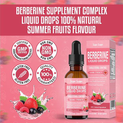 Berberine Liquid Drops - 60ml | Berberine Supplement 1500mg High Strength for Cholesterol Support | Natural Cholesterol Lowering Supplements | Aids Blood Sugar Balance - Summer Fruits Flavour