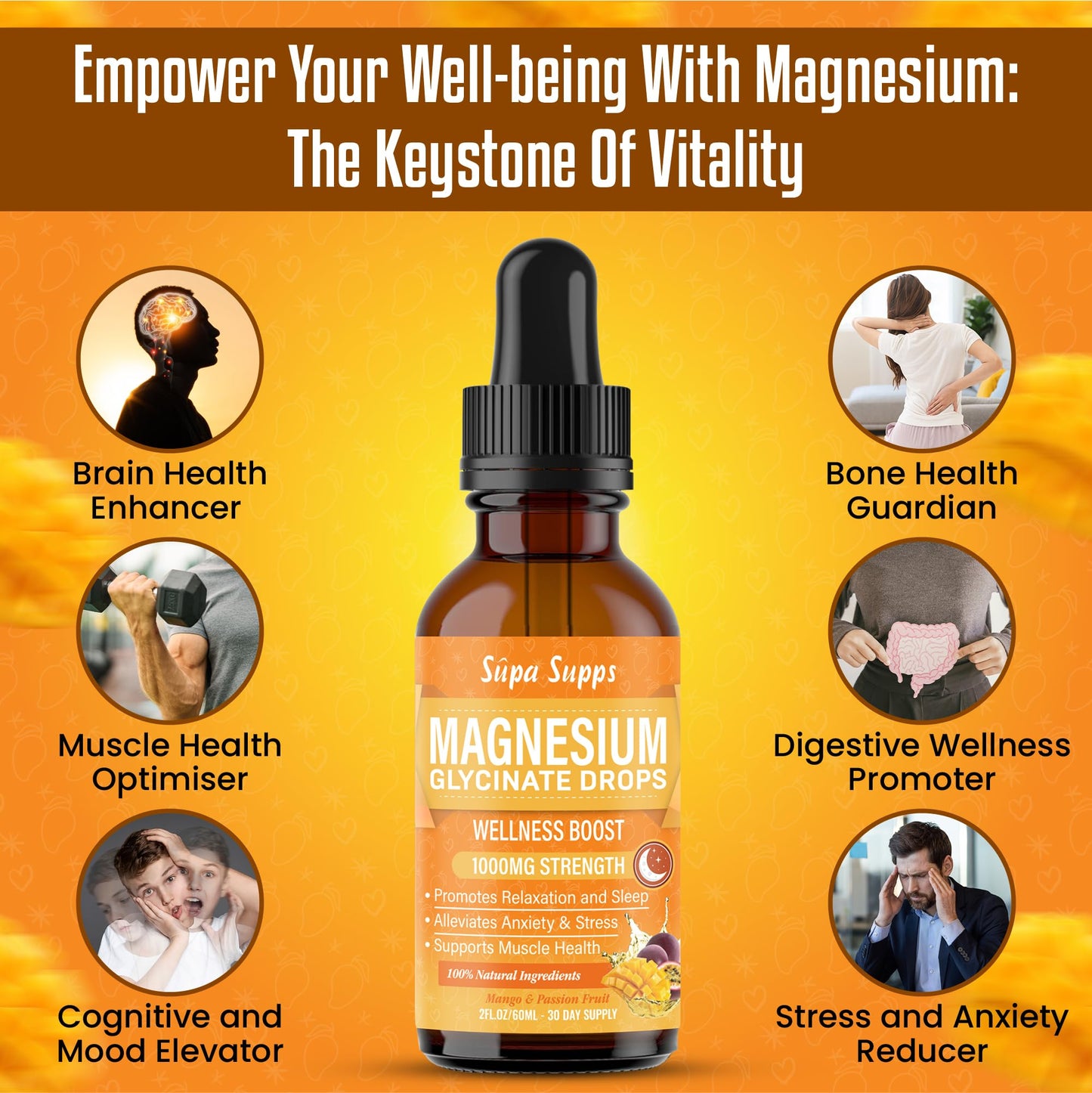 Magnesium Glycinate Liquid 1000MG – Liquid Magnesium Glycinate Drops with Trace Minerals – High Absorption, Supports Sleep, Relaxation, Nerve & Muscle Function – Mango & Passion Fruit Supplement 60ml