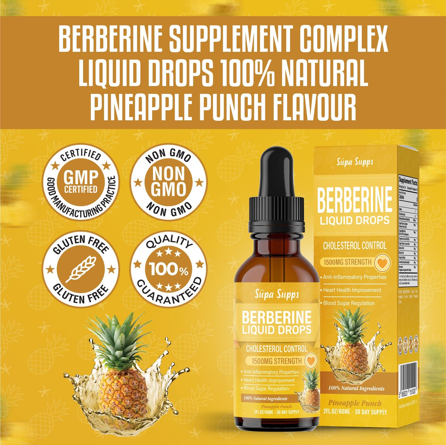 Berberine Liquid 60ml - High Strength Berberine Supplement for Weight Management, Blood Sugar & Cholesterol Lowering Supplements - Natural, Fast-Absorbing, 1 Month Supply - Pineapple Flavour