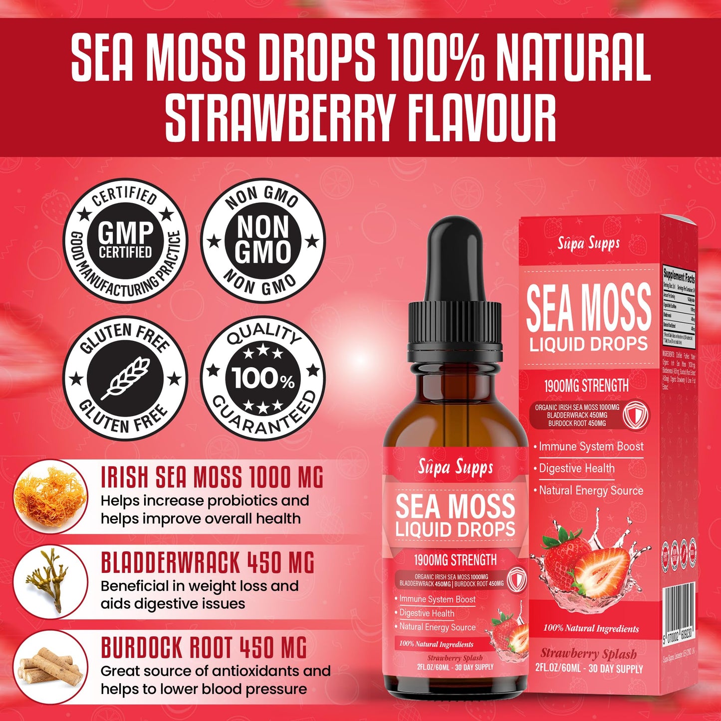 Organic Sea Moss Liquid Drops 60ml – Irish Sea Moss Organic Supplement for Immune Support, Thyroid Health, Digestion, and Skin, Seamoss Supplements with Bladderwrack & Burdock Root Strawberry Flavour