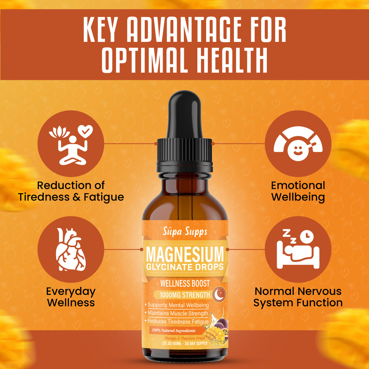 Magnesium Glycinate Liquid 60ml Mango Passion Fruit Stress Relief Supa Supps 3-in-1 Magnesium Glycinate complex supports stress relief and relaxation, Mango & Passion Fruit