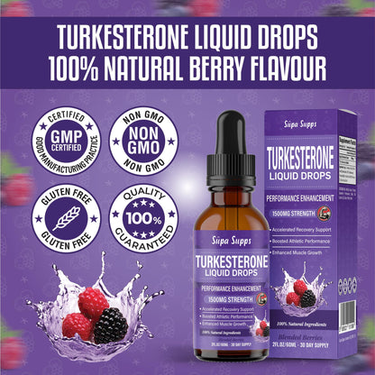 Turkesterone Liquid Drops 60ml High Strength 1500mg Muscle Growth Supplement - Gym Supplements for Men - Supports Recovery, Supplements for Men - Fast Absorbing Fadogia Agrestis Extract