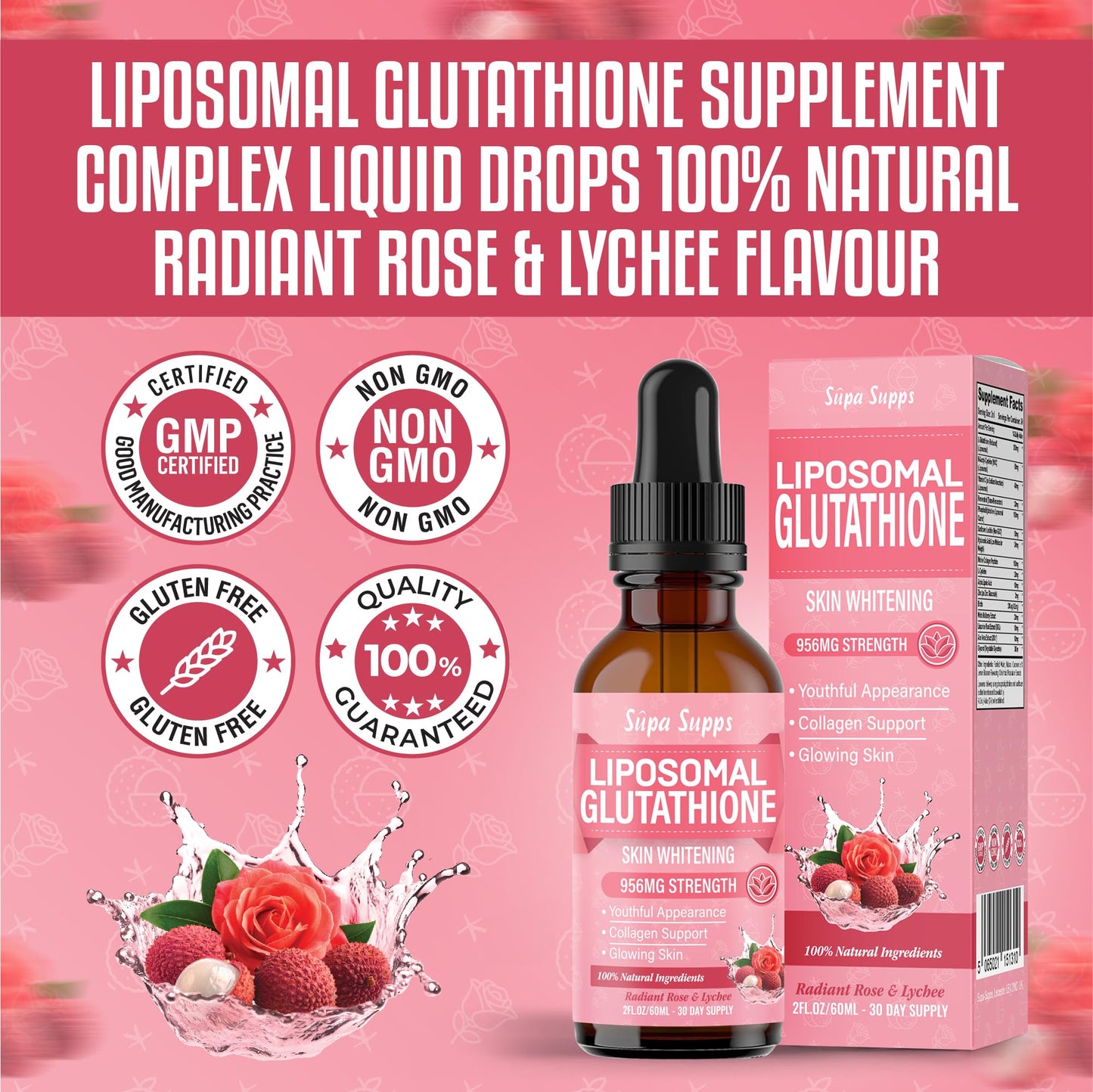 Liposomal Glutathione Liquid 60ml - Reduced Antioxidant Formula with Vitamin C for Skin Radiance, Detox & Cellular Health - Rose & Lychee Flavour - Glutathione Supplements Skin Whitening