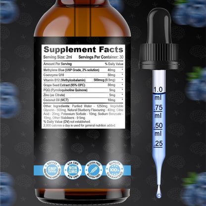 Methylene Blue Complex Liquid 60ml - Supreme Methylene Blue Drops for Daily Use - Easy to Take, High Purity Formula | Natural Support | Blueberry Flavour | Supa Supps Mental Clairty for Humans