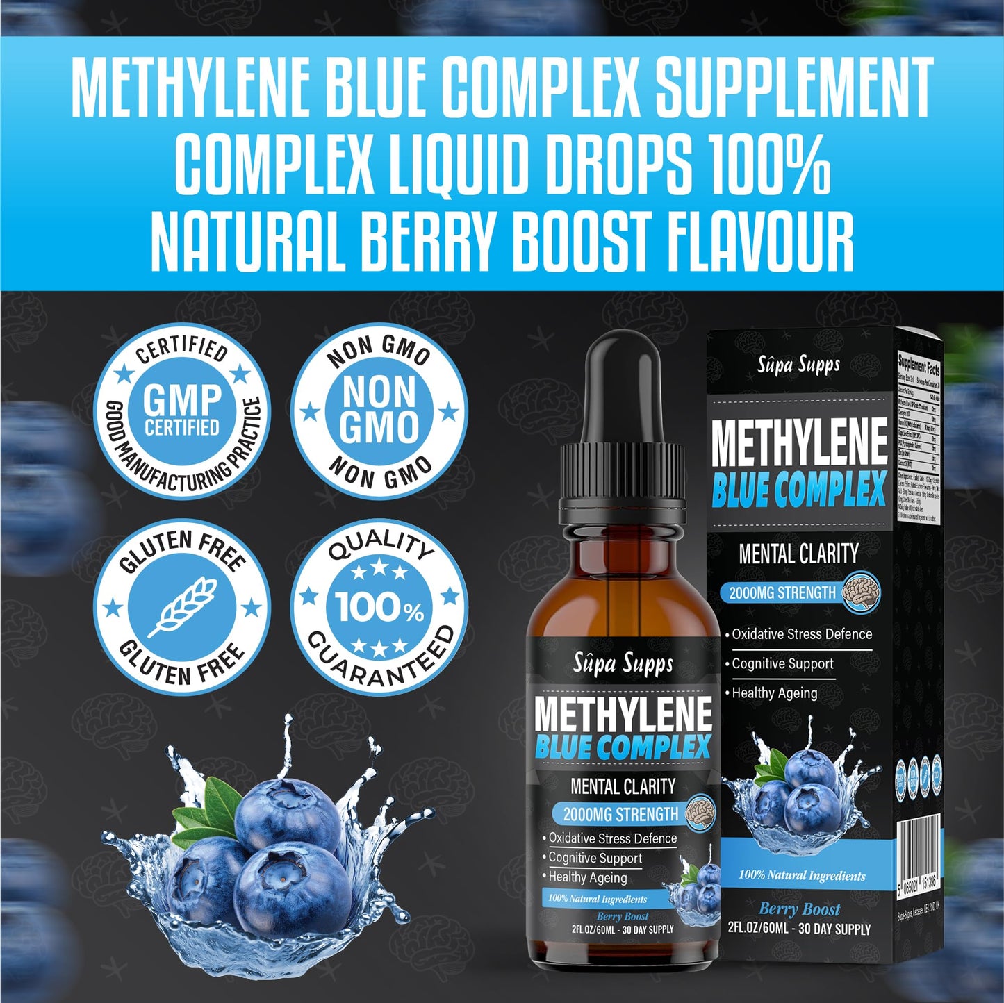 Methylene Blue Complex Liquid 60ml - Supreme Methylene Blue Drops for Daily Use - Easy to Take, High Purity Formula | Natural Support | Blueberry Flavour | Supa Supps Mental Clairty for Humans