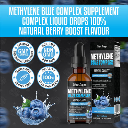 Methylene Blue Complex Liquid 60ml - Supreme Methylene Blue Drops for Daily Use - Easy to Take, High Purity Formula | Natural Support | Blueberry Flavour | Supa Supps Mental Clairty for Humans