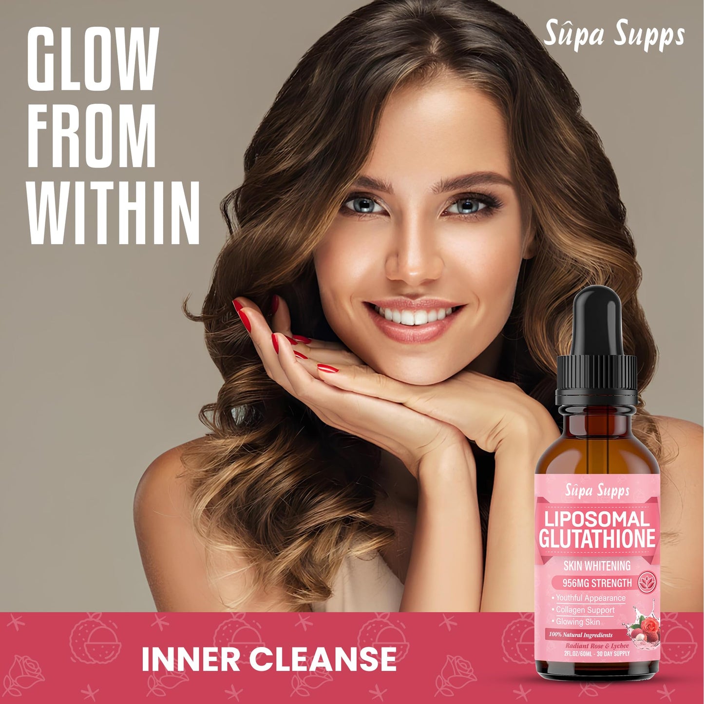 Liposomal Glutathione Liquid 60ml - Reduced Antioxidant Formula with Vitamin C for Skin Radiance, Detox & Cellular Health - Rose & Lychee Flavour - Glutathione Supplements Skin Whitening