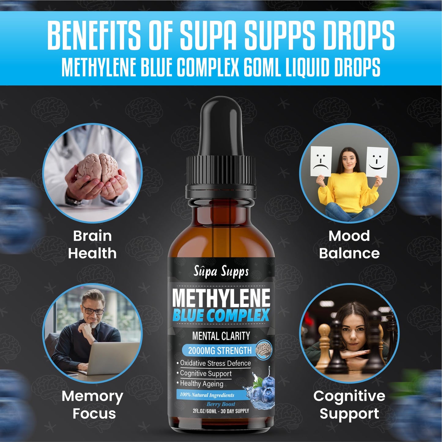 Methylene Blue Complex Liquid 60ml - Supreme Methylene Blue Drops for Daily Use - Easy to Take, High Purity Formula | Natural Support | Blueberry Flavour | Supa Supps Mental Clairty for Humans