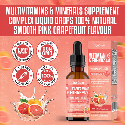 Multivitamins & Minerals for Women 30 Plus - Daily Vitamins A C D E K B Complex, Iron & Zinc - Smooth Pink Grapefruit Flavour - Best Vitamin Multivitamin for Women - Multi Vitamins for Mens Health