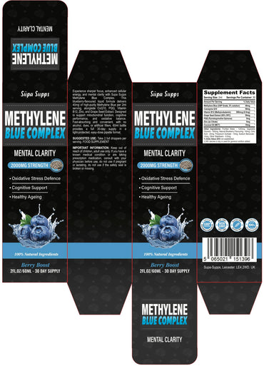 Methylene Blue Complex Liquid 60ml - Supreme Methylene Blue Drops for Daily Use - Easy to Take, High Purity Formula | Natural Support | Blueberry Flavour | Supa Supps Mental Clairty for Humans