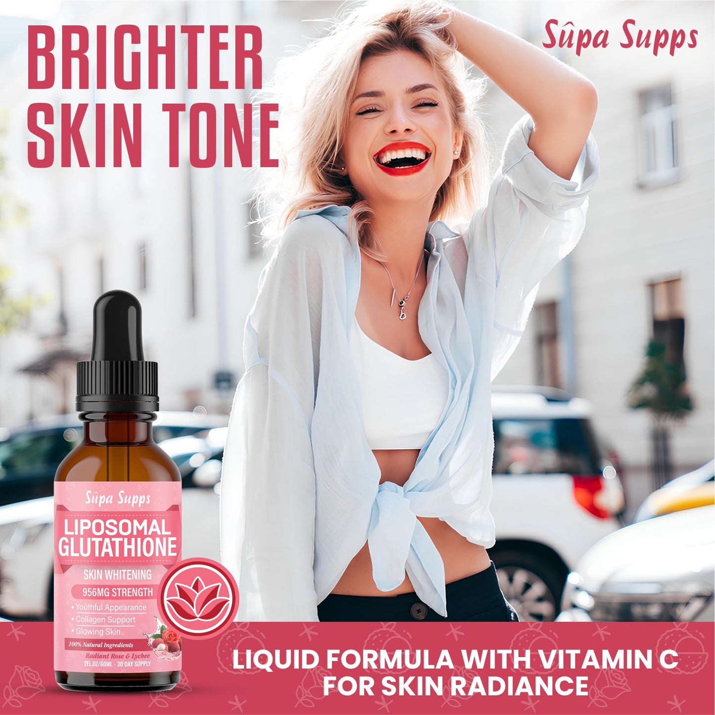 Liposomal Glutathione Liquid 60ml - Reduced Antioxidant Formula with Vitamin C for Skin Radiance, Detox & Cellular Health - Rose & Lychee Flavour - Glutathione Supplements Skin Whitening