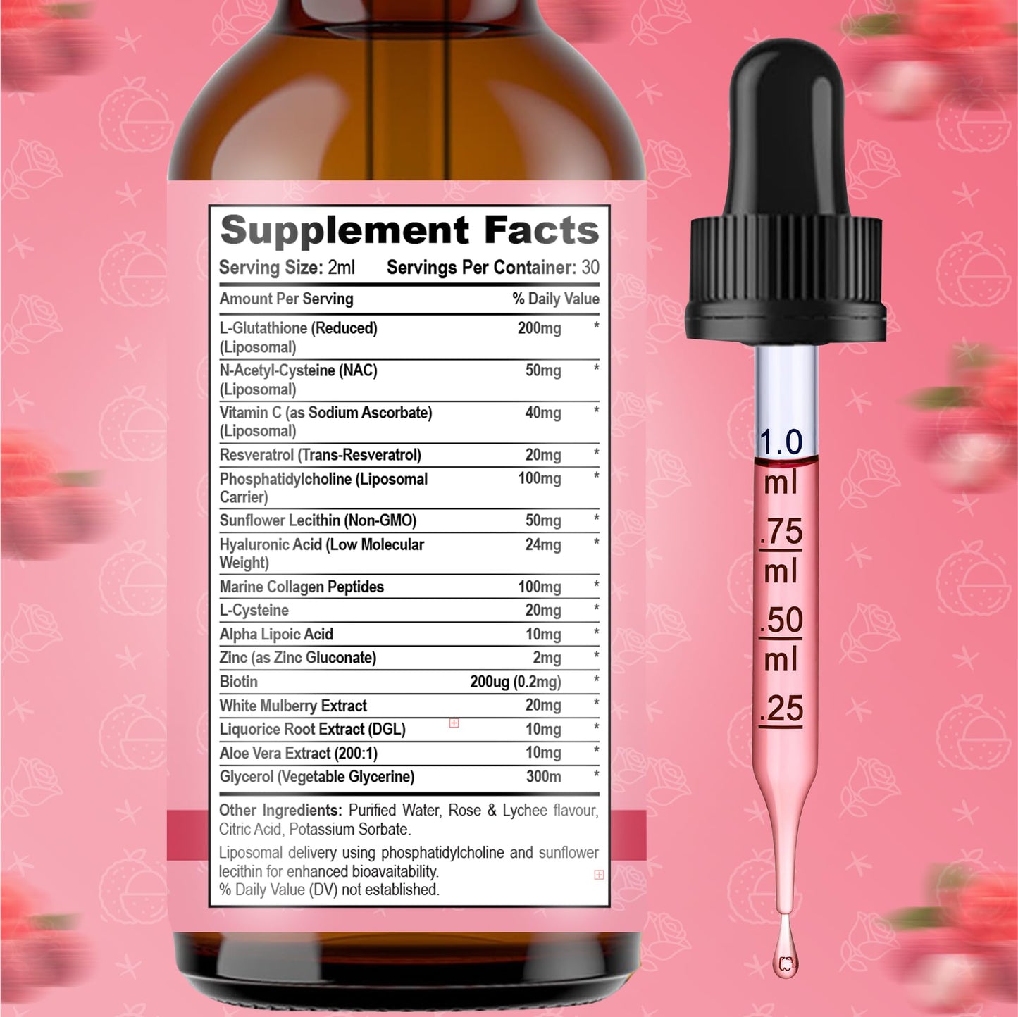 Liposomal Glutathione Liquid 60ml - Reduced Antioxidant Formula with Vitamin C for Skin Radiance, Detox & Cellular Health - Rose & Lychee Flavour - Glutathione Supplements Skin Whitening