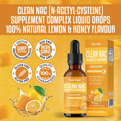 Clean NAC (N-Acetyl-Cysteine) Liquid 60ml - Honey & Lemon Flavour | Augmented NAC Supplement for Daily Support | High Absorption Formula | Easy Liquid Drops | nac n-Acetyl-cysteine 600mg Per Serving
