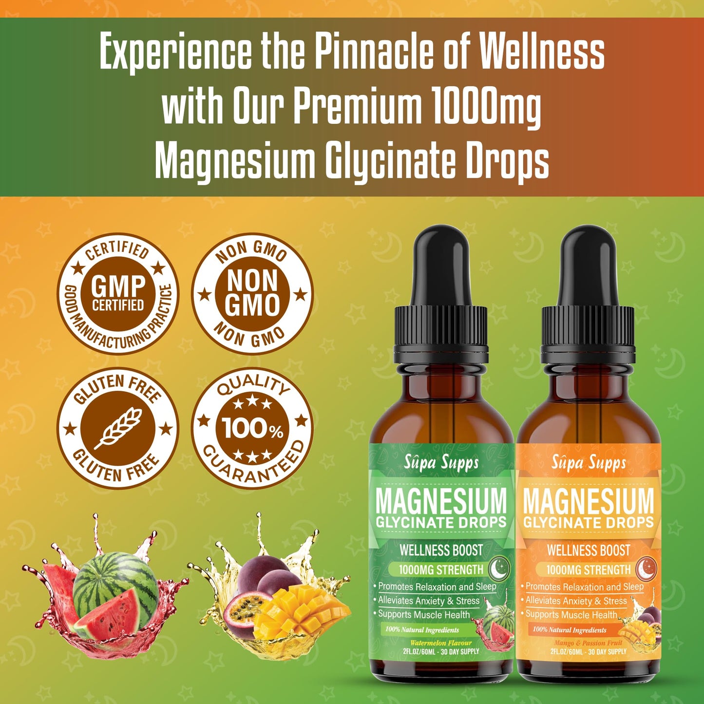 Magnesium Glycinate Liquid 1000MG – Liquid Magnesium Glycinate Drops with Trace Minerals – High Absorption, Supports Sleep, Relaxation, Nerve & Muscle Function, Watermelon/Mango & Passion Fruit