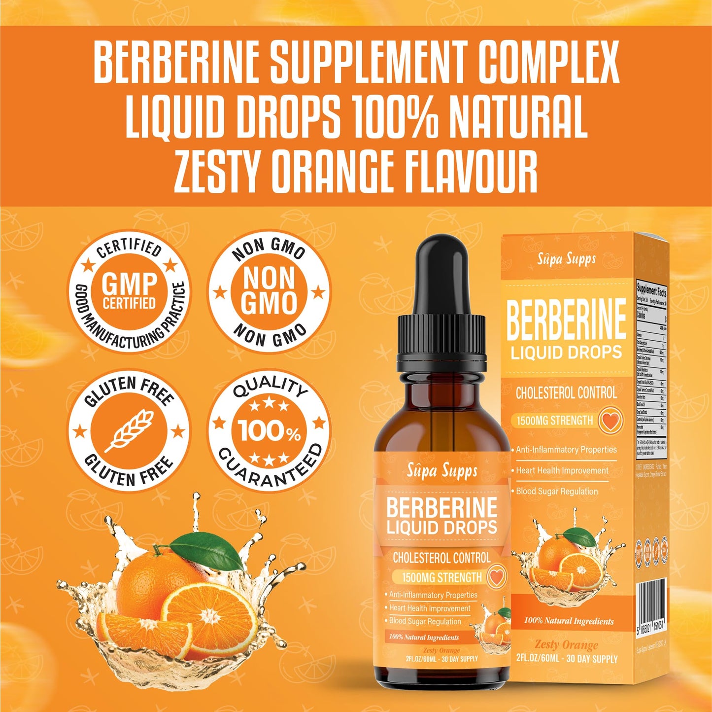 Berberine Liquid 60ml – High Strength Berberine Supplement for Weight Management, Blood Sugar & Cholesterol – Cholesterol Lowering Supplements – Natural, Fast-Absorbing, Orange Flavour