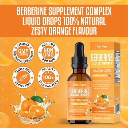 Berberine Liquid 60ml – High Strength Berberine Supplement for Weight Management, Blood Sugar & Cholesterol – Cholesterol Lowering Supplements – Natural, Fast-Absorbing, Orange Flavour