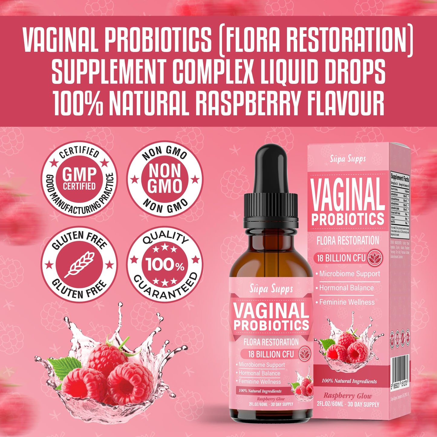 Vaginal Probiotics Liquid 60ml- Raspberry Flavour | Flora Probiotics for Women with Lactobacillus Reuteri | Intimate Support | Gut & Vaginal Flora | Female Balance- Fast Absorption BV Treatment Ladies