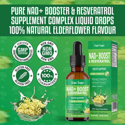 NAD+ Boost Liquid Drops 60ml | NAD Supplements UK, Resveratrol | Supports Energy, Focus & Cellular Health | Fast-Absorbing Liquid, Easy to Use, NAD Plus | Elderflower Flavour - 1 Month Supply