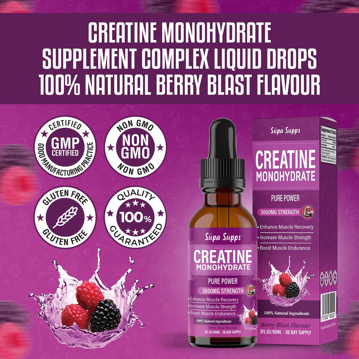 Creatine Monohydrate Drops 60ml - Liquid Alternative to Creatine Monohydrate Powder, Ideal for Gym Performance, Bulk Creatine Formula, Supports Muscle Growth, Recovery, and Energy - Berry Flavour