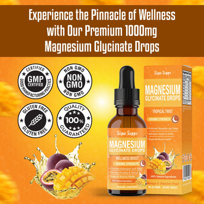 Magnesium Glycinate Liquid 1000MG – Liquid Magnesium Glycinate Drops with Trace Minerals – High Absorption, Supports Sleep, Relaxation, Nerve & Muscle Function – Mango & Passion Fruit Supplement 60ml