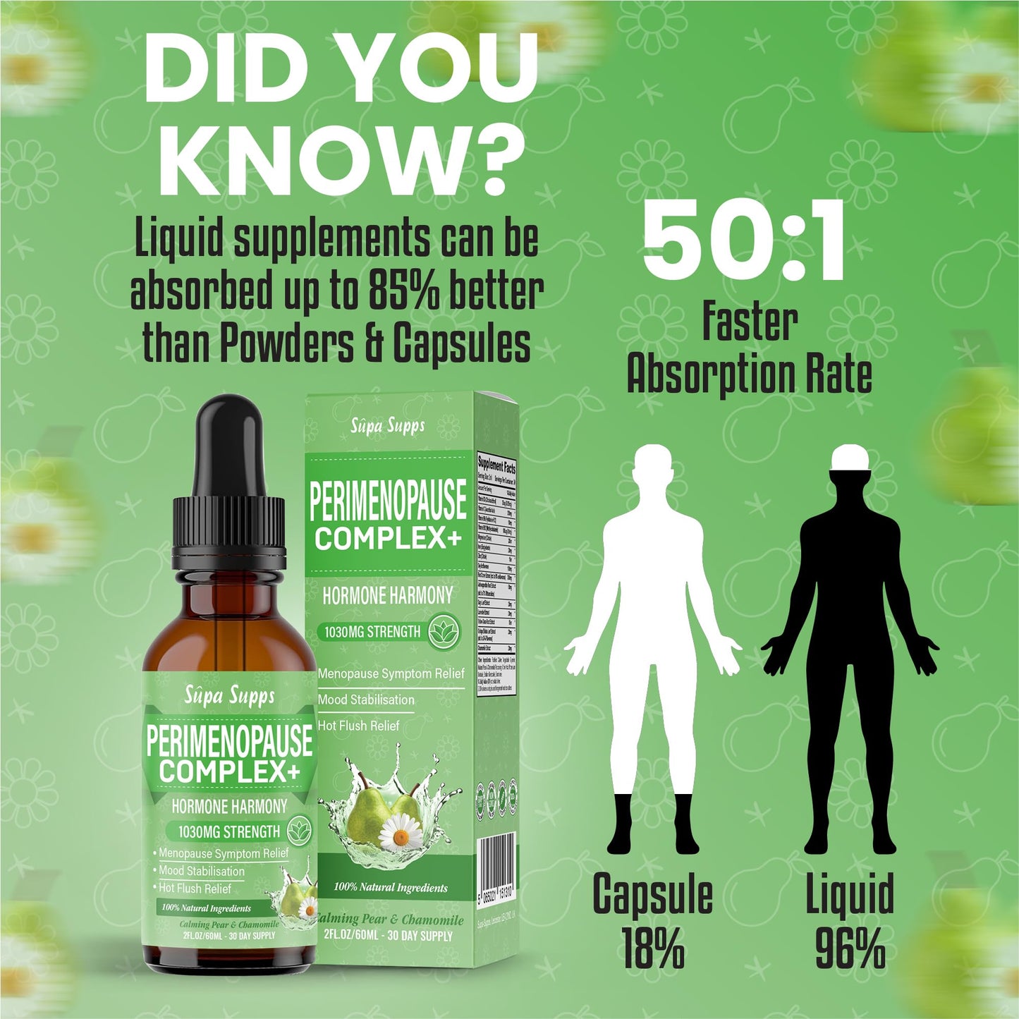 Perimenopause Liquid 60ml - Pear & Chamomile Flavour, Menopause Supplements with Red Clover & B Vitamins - Supports Hormonal Balance & Mood - Perimenopause Supplements, Pre Menopause Health Supplement