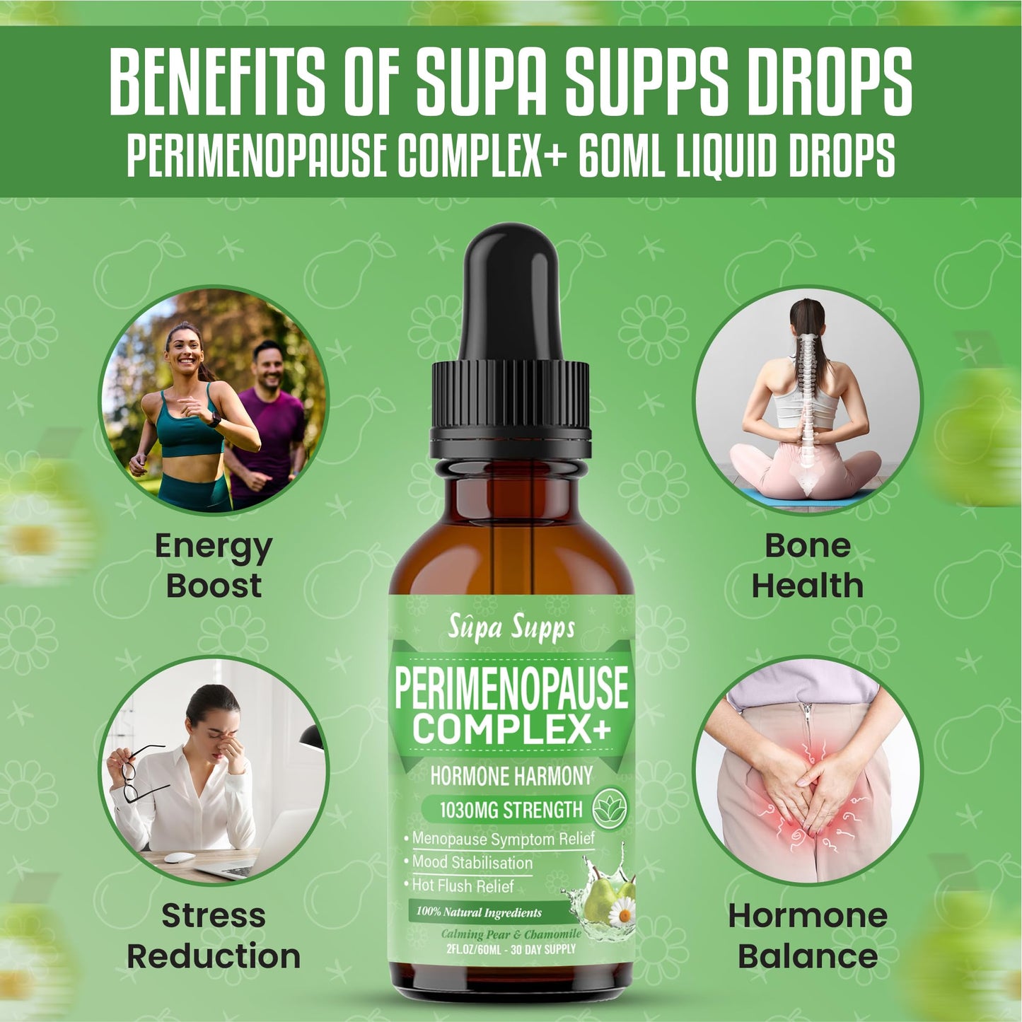 Perimenopause Liquid 60ml - Pear & Chamomile Flavour, Menopause Supplements with Red Clover & B Vitamins - Supports Hormonal Balance & Mood - Perimenopause Supplements, Pre Menopause Health Supplement