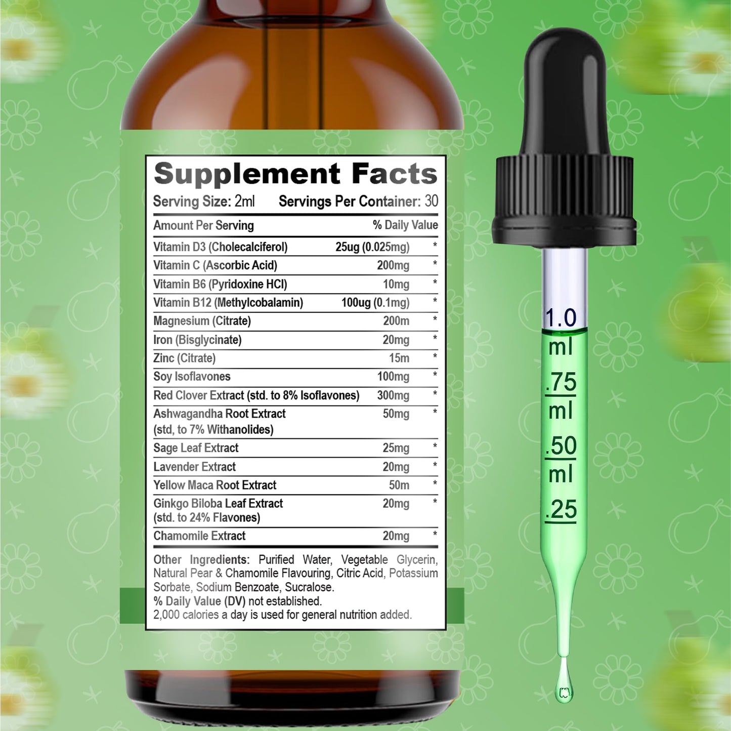 Perimenopause Liquid 60ml - Pear & Chamomile Flavour, Menopause Supplements with Red Clover & B Vitamins - Supports Hormonal Balance & Mood - Perimenopause Supplements, Pre Menopause Health Supplement