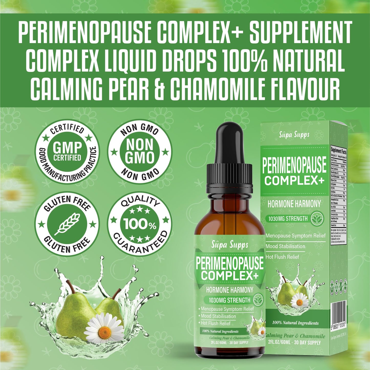 Perimenopause Liquid 60ml - Pear & Chamomile Flavour, Menopause Supplements with Red Clover & B Vitamins - Supports Hormonal Balance & Mood - Perimenopause Supplements, Pre Menopause Health Supplement